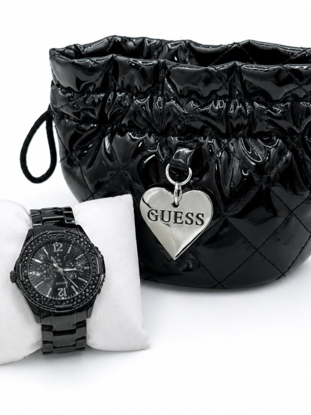 GUESS Black Rhinestone Watch & Quilted Patent Drawstring Bag Set